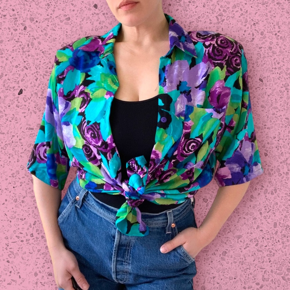 Vintage Bobbie Brooks Purple Blue Green Floral Button Down Blouse